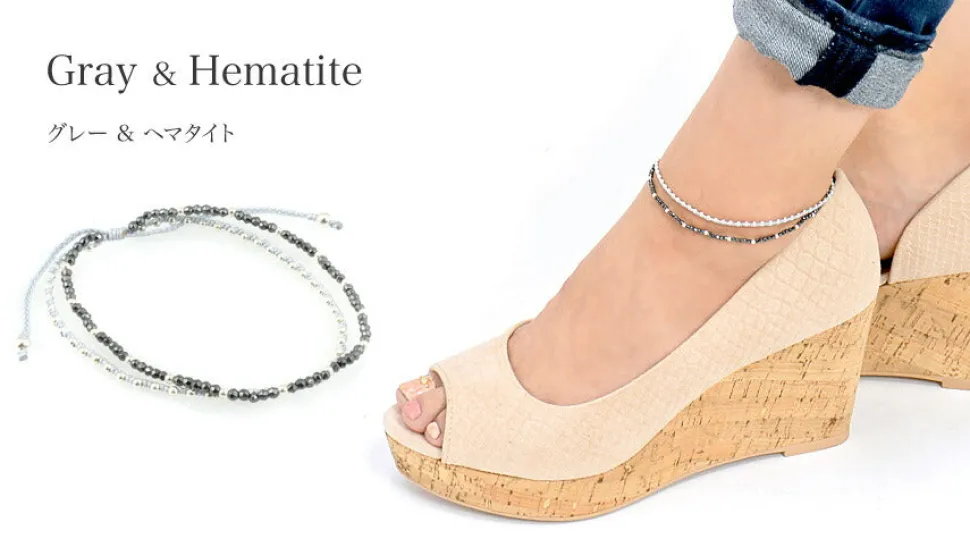 CHALISA T.. / Stone silver bead anklet with knotted cord