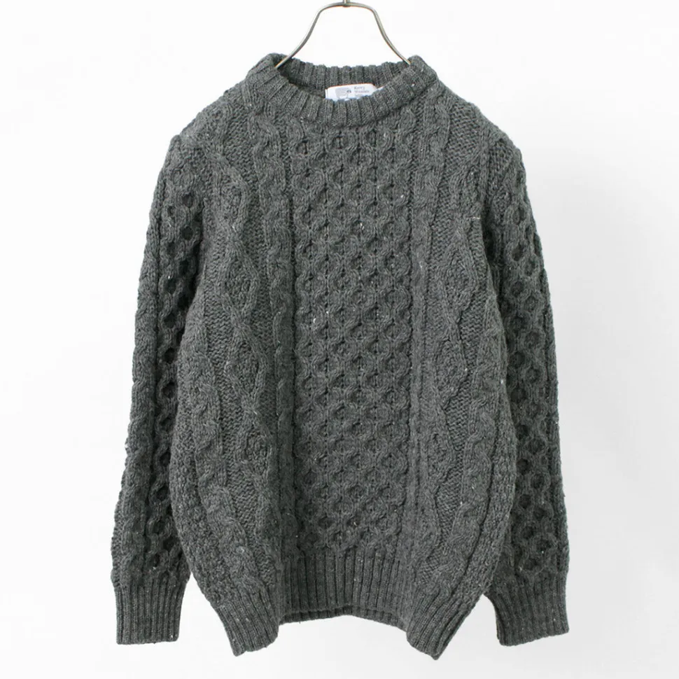 KERRY WOOLLEN MILLS / 5 gauge 3-ply aran cable crew neck heavy knit