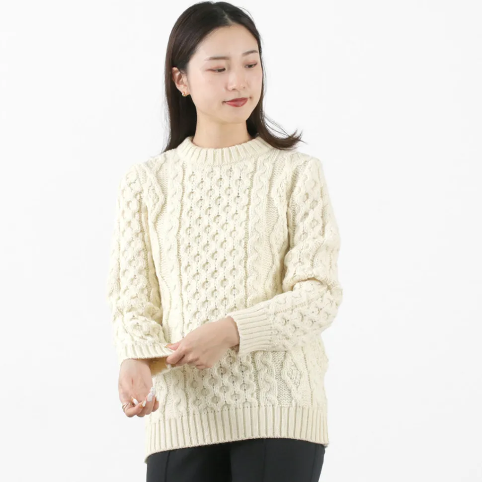 KERRY WOOLLEN MILLS / 5 gauge 3-ply aran cable crew neck heavy knit