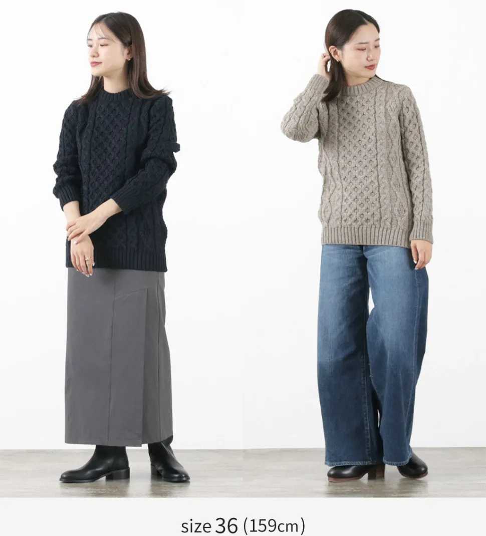 KERRY WOOLLEN MILLS / 5 gauge 3-ply aran cable crew neck heavy knit