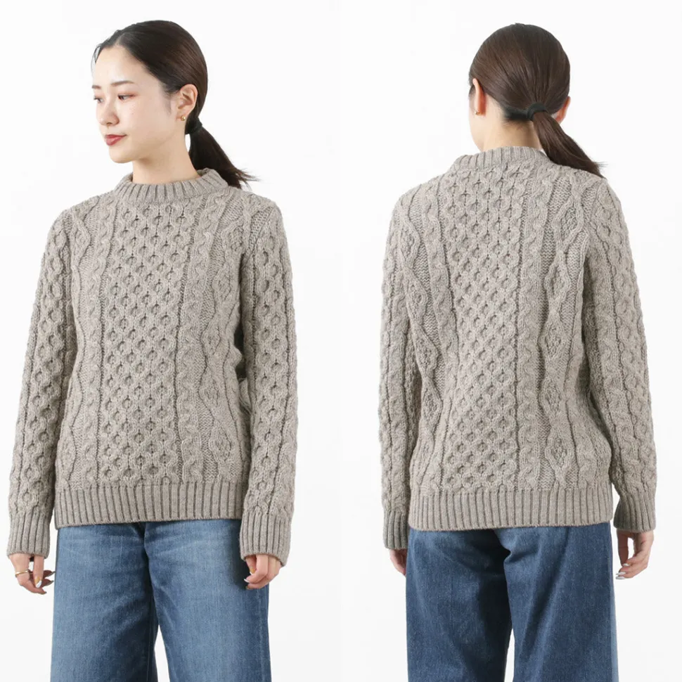 KERRY WOOLLEN MILLS / 5 gauge 3-ply aran cable crew neck heavy knit