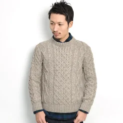 KERRY WOOLLEN MILLS / 5 gauge 3-ply aran cable crew neck heavy knit