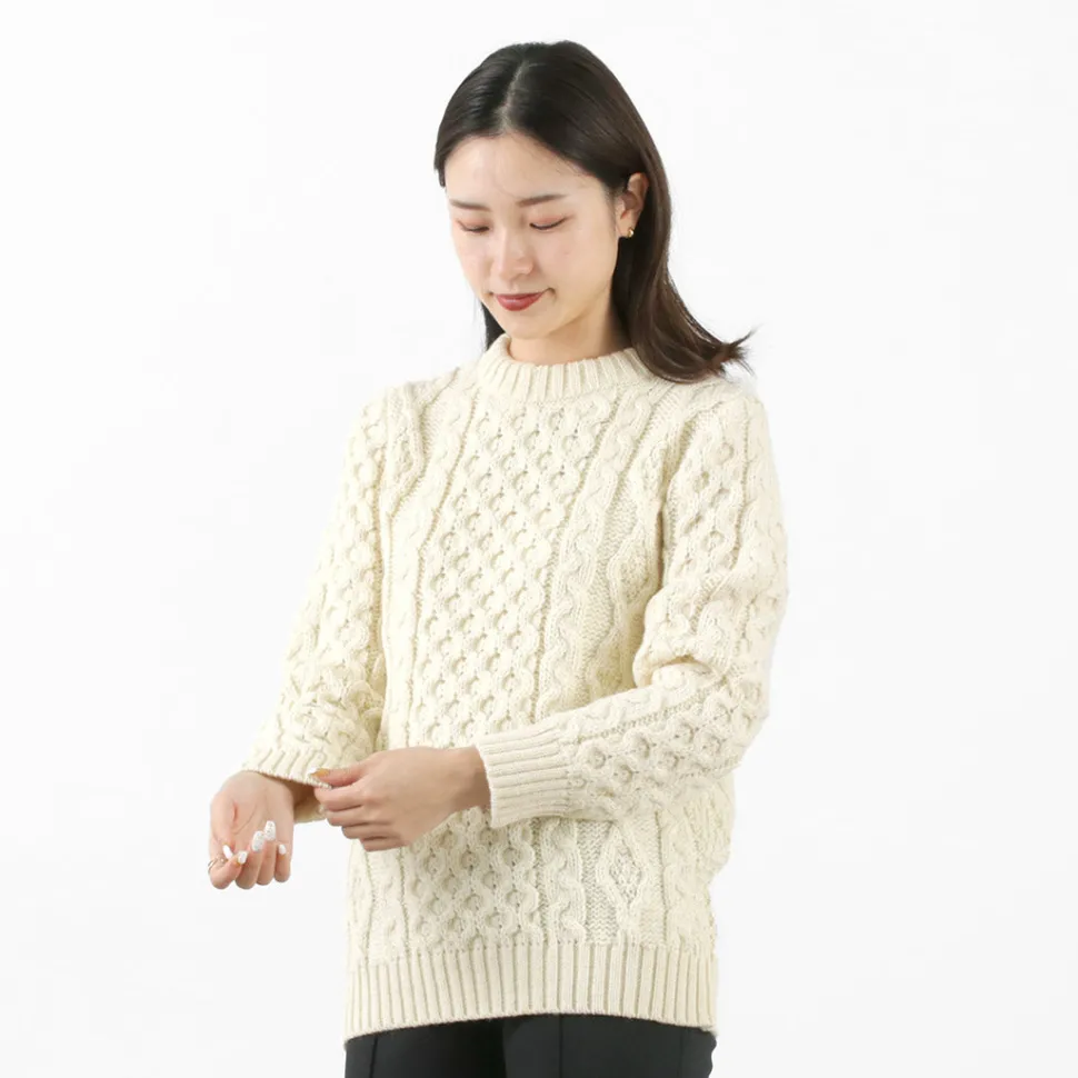 KERRY WOOLLEN MILLS / 5 gauge 3-ply aran cable crew neck heavy knit