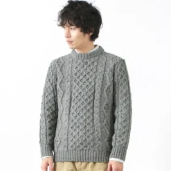 KERRY WOOLLEN MILLS / 5 gauge 3-ply aran cable crew neck heavy knit