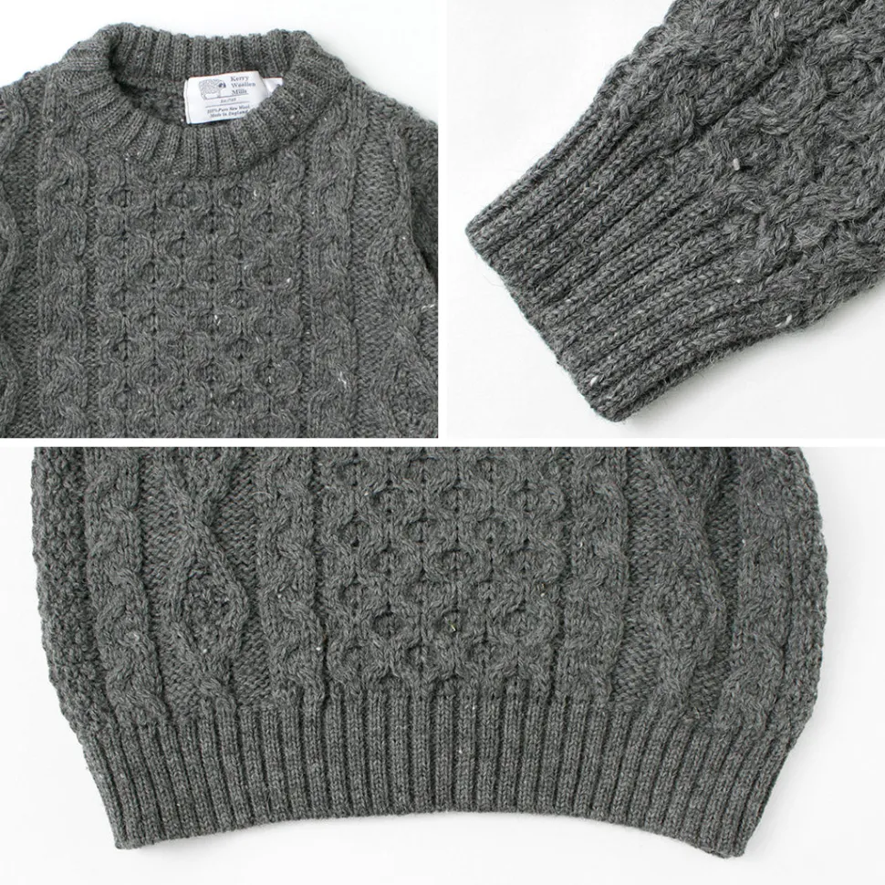 KERRY WOOLLEN MILLS / 5 gauge 3-ply aran cable crew neck heavy knit
