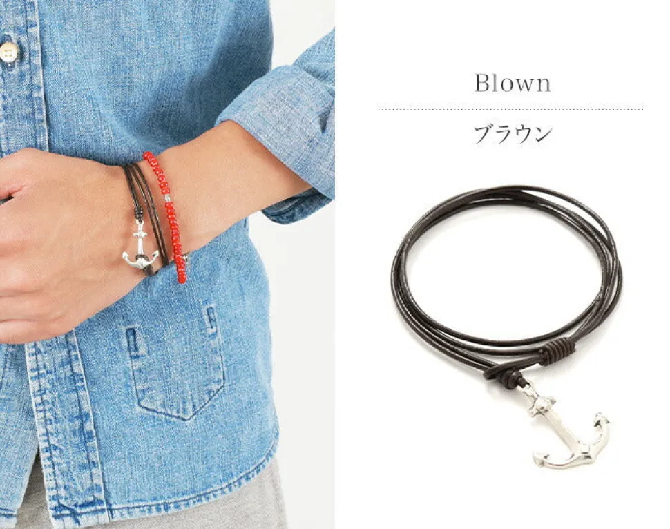 PHADUA / Anchor Leather Wrap Bracelet / Silver