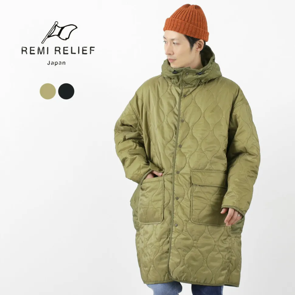 REMI RELIEF / Nylon Rip Gourd Quilted Coat Hoodie