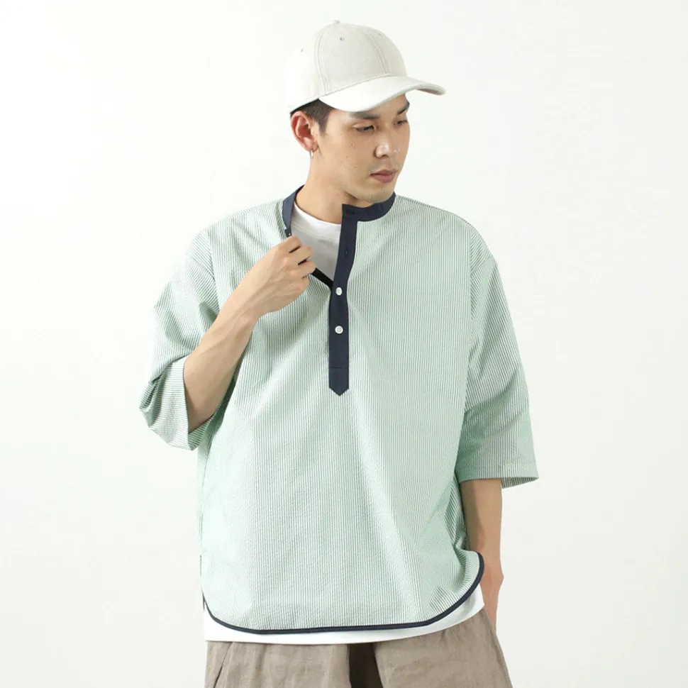 ROCOCO / Woven seersucker henley neck T-shirt