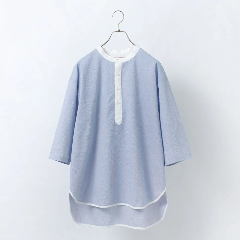 ROCOCO / Woven seersucker henley neck T-shirt