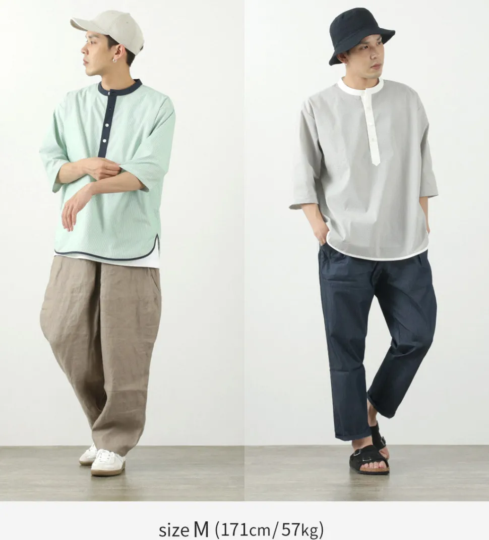 ROCOCO / Woven seersucker henley neck T-shirt