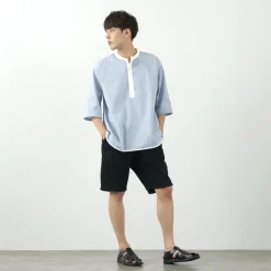 ROCOCO / Woven seersucker henley neck T-shirt